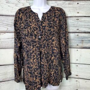 Christopher & Banks Women’s Black Tan Print Button Blouse Long Sleeve XL